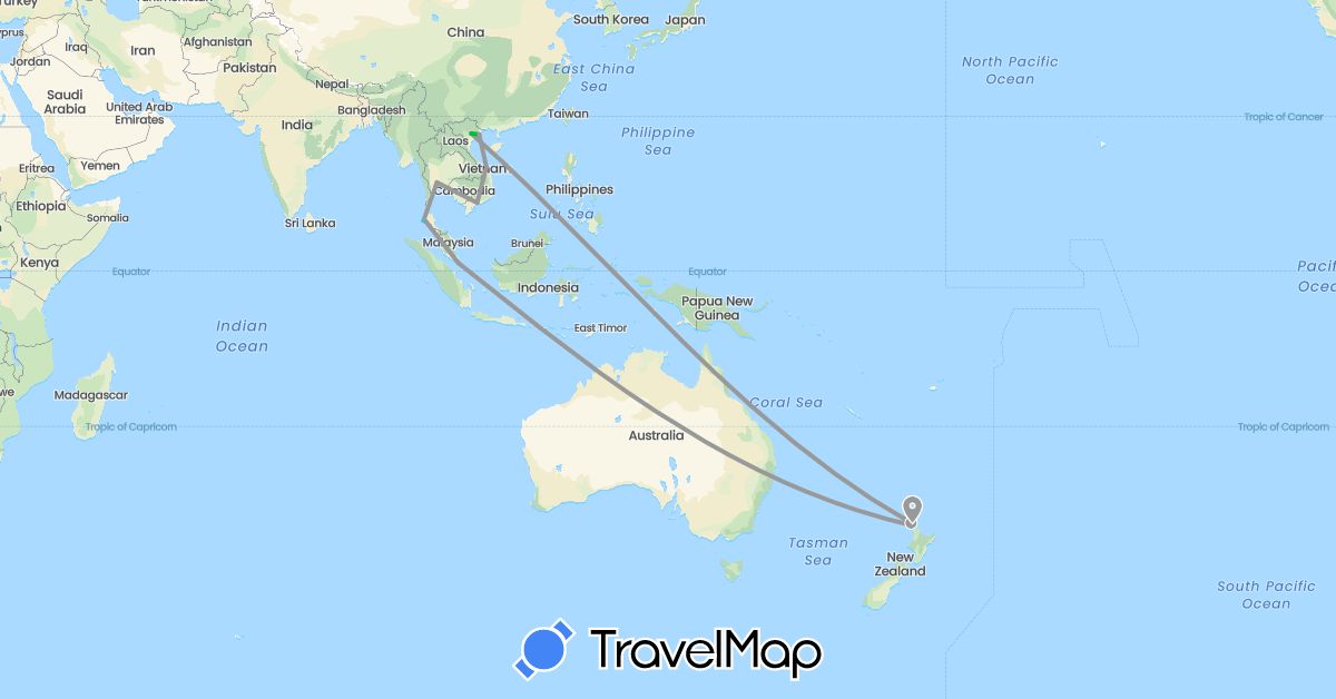 TravelMap itinerary: bus, plane, boat in New Zealand, Singapore, Thailand, Vietnam (Asia, Oceania)